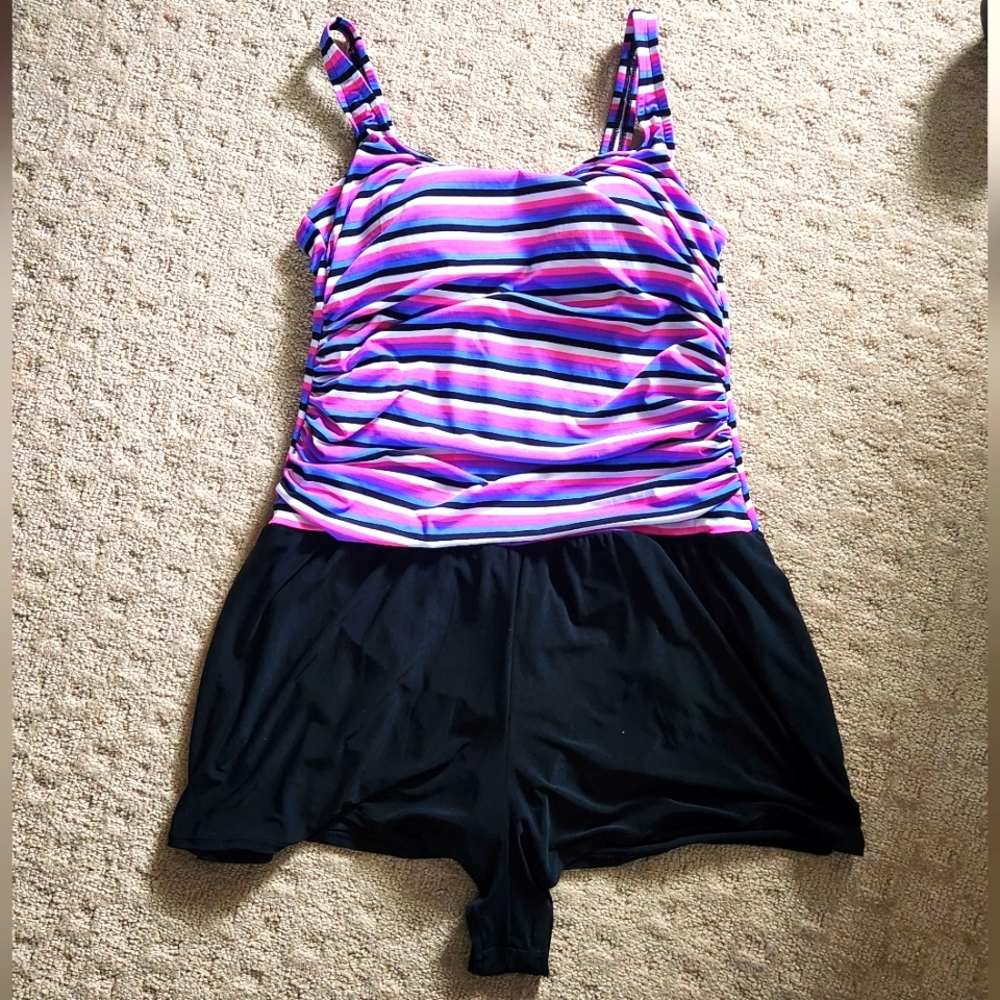Vtg 80s MAINSTREAM striped swimwear Swimsuit Romper One Piece XL NWOT